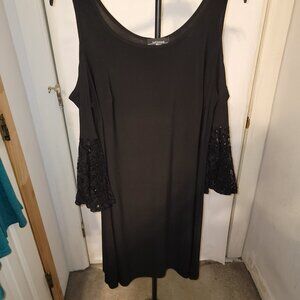 R & M Richards Black open shoulder lace & sequin bell sleeve dress